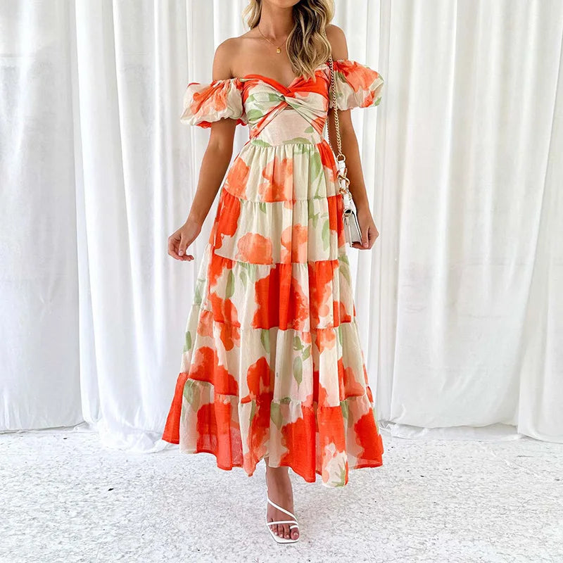 Heidi Multicolor Patchwork V-Ausschnitt Rueschen Damen Maxikleid | Elegant Luftig Puffaermel Sommer Strandkleid | Fliessend - S/M/L/XL