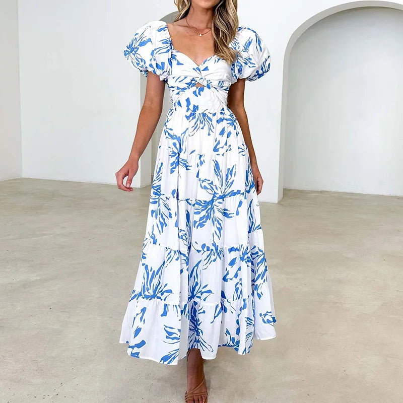 Heidi Multicolor Patchwork V-Ausschnitt Rueschen Damen Maxikleid | Elegant Luftig Puffaermel Sommer Strandkleid | Fliessend - S/M/L/XL