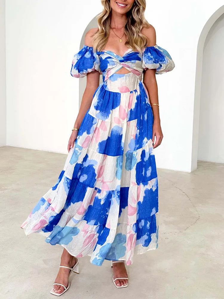 Heidi Multicolor Patchwork V-Ausschnitt Rueschen Damen Maxikleid | Elegant Luftig Puffaermel Sommer Strandkleid | Fliessend - S/M/L/XL
