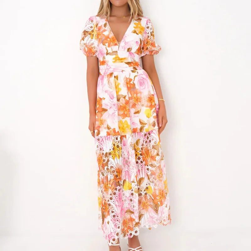 Heidi Multicolor Patchwork V-Ausschnitt Rueschen Damen Maxikleid | Elegant Luftig Puffaermel Sommer Strandkleid | Fliessend - S/M/L/XL
