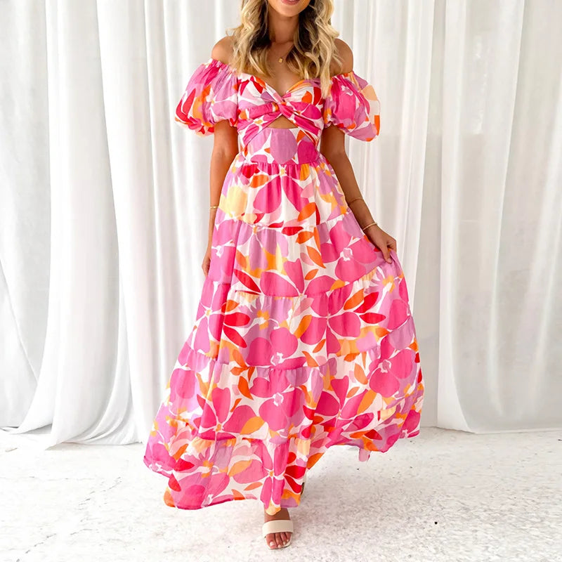 Heidi Multicolor Patchwork V-Ausschnitt Rueschen Damen Maxikleid | Elegant Luftig Puffaermel Sommer Strandkleid | Fliessend - S/M/L/XL