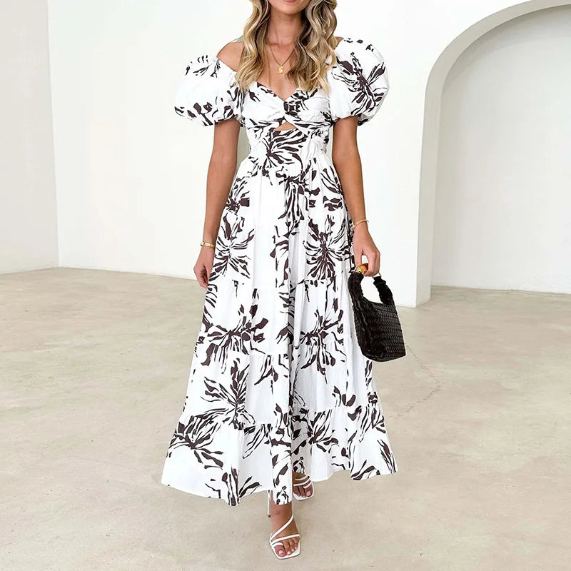 Heidi Multicolor Patchwork V-Ausschnitt Rueschen Damen Maxikleid | Elegant Luftig Puffaermel Sommer Strandkleid | Fliessend - S/M/L/XL