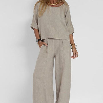 Nina Damen Sommer Set | Leinen, Halbarm Top und Weite Hose in Beige- S-3XL