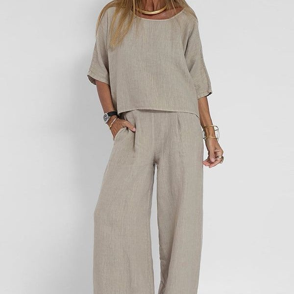 Nina Damen Sommer Set | Leinen, Halbarm Top und Weite Hose in Beige- S-3XL