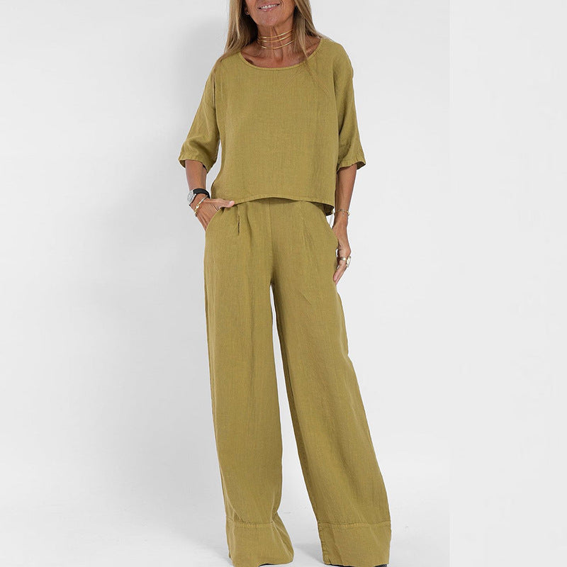 Nina Damen Sommer Set | Leinen, Halbarm Top und Weite Hose in Beige- S-3XL