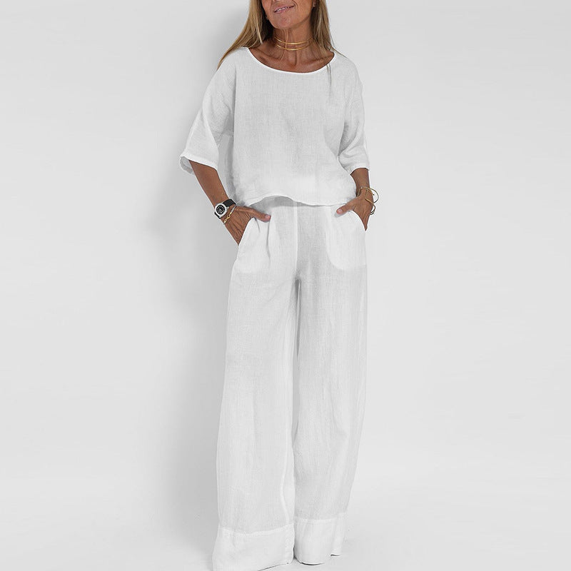 Nina Damen Sommer Set | Leinen, Halbarm Top und Weite Hose in Beige- S-3XL