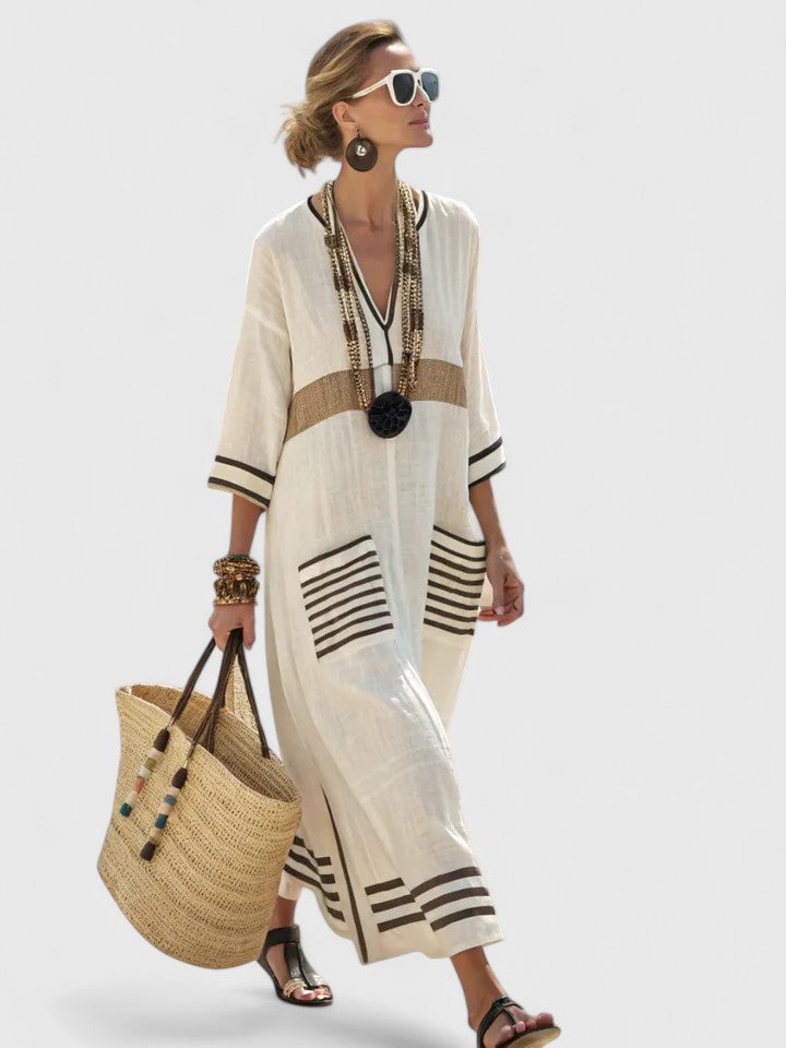 Pavla Damen Maxikleid | V-Ausschnitt, Gestreift, Boho-Stil- S-3XL