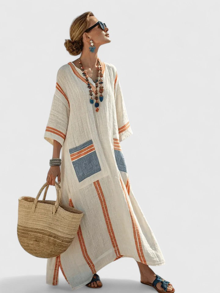 Pavla Damen Maxikleid | V-Ausschnitt, Gestreift, Boho-Stil- S-3XL