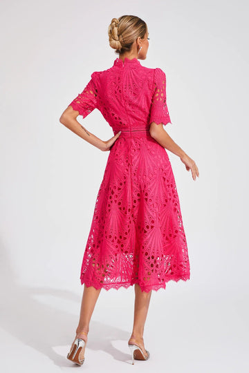 Pia Damen Midi Kleid | Spitzenmuster, Strukturierte Silhouette- S-4XL