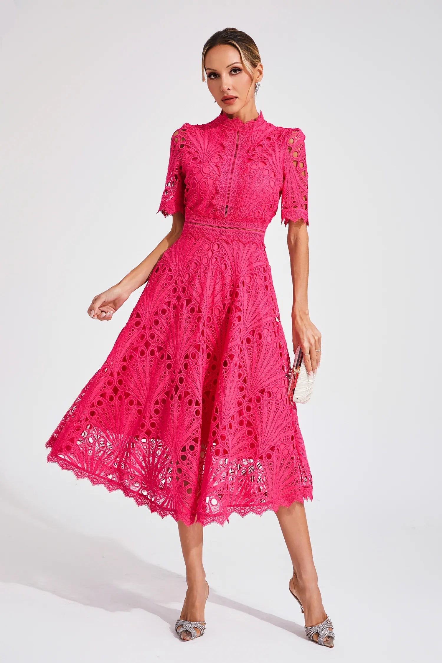 Pia Damen Midi Kleid | Spitzenmuster, Strukturierte Silhouette- S-4XL