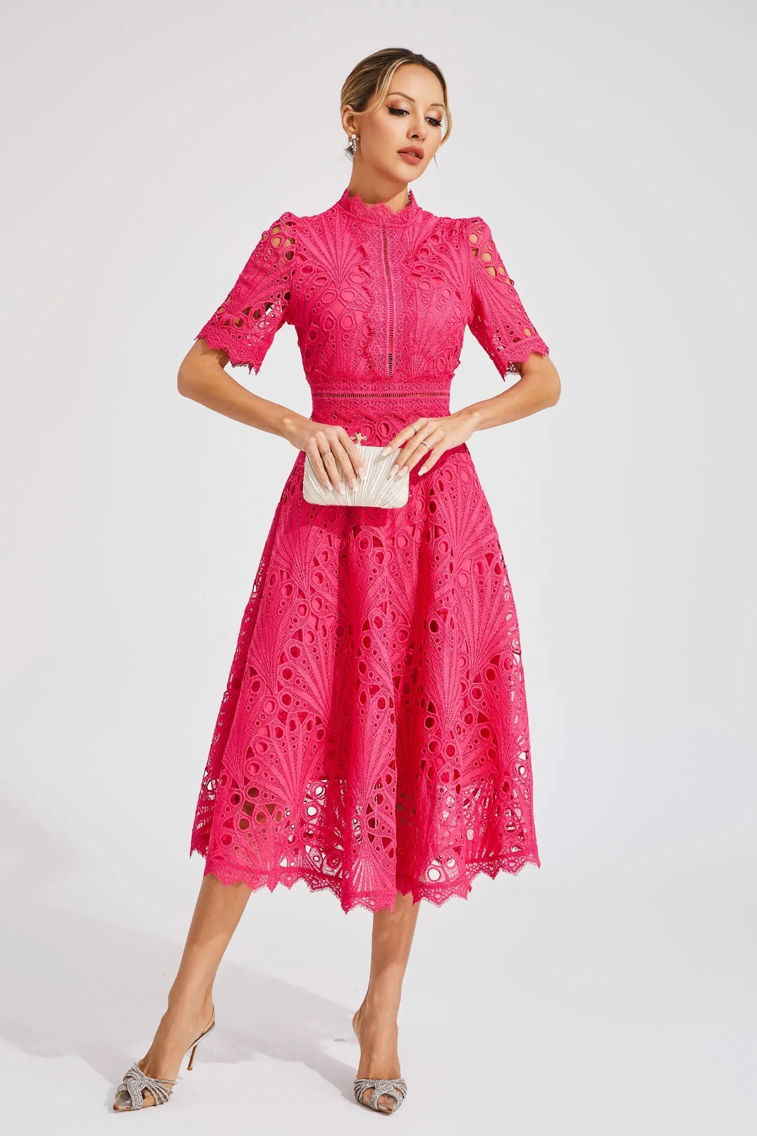 Pia Damen Midi Kleid | Spitzenmuster, Strukturierte Silhouette- S-4XL