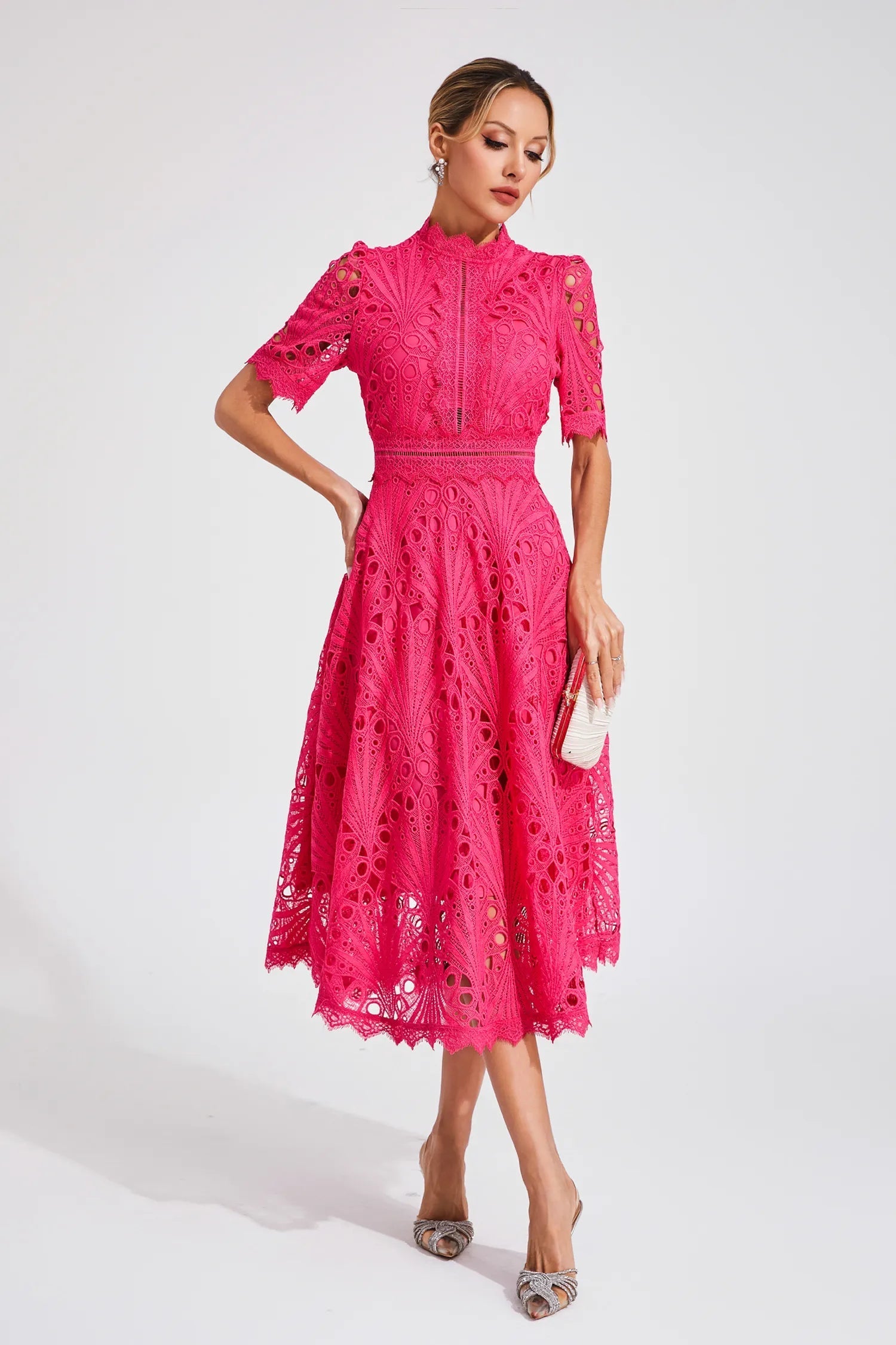 Pia Damen Midi Kleid | Spitzenmuster, Strukturierte Silhouette- S-4XL