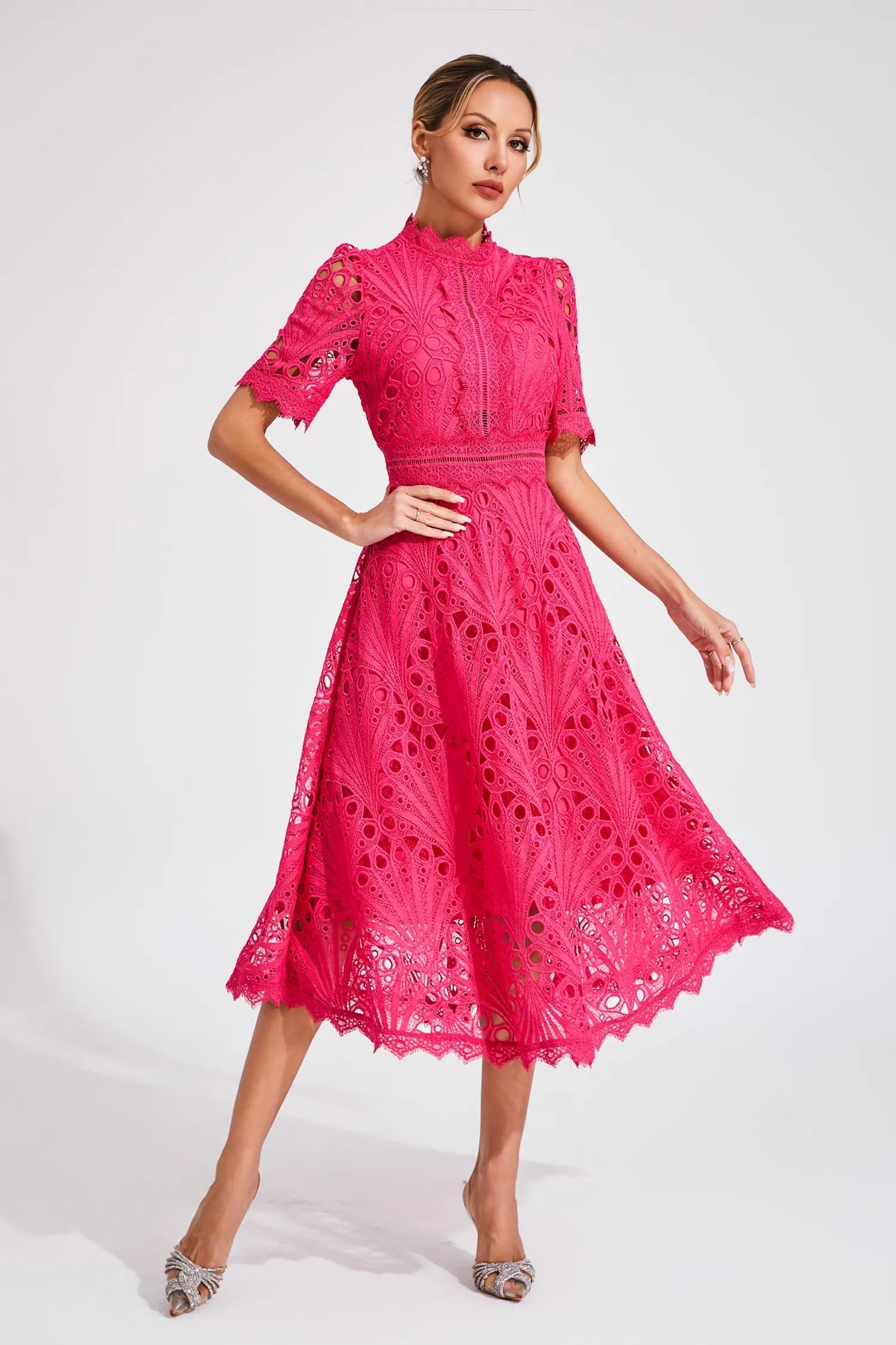 Pia Damen Midi Kleid | Spitzenmuster, Strukturierte Silhouette- S-4XL
