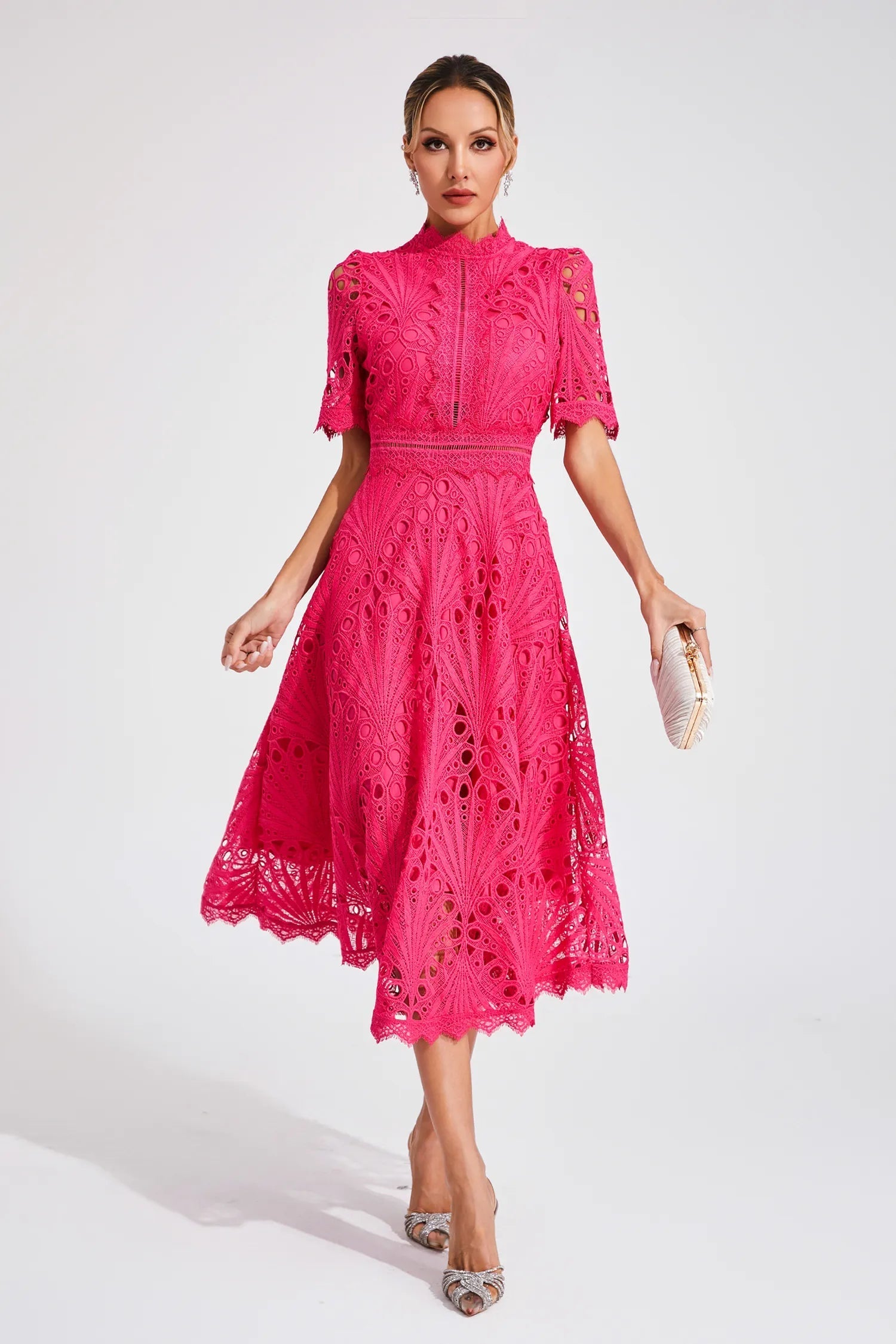 Pia Damen Midi Kleid | Spitzenmuster, Strukturierte Silhouette- S-4XL