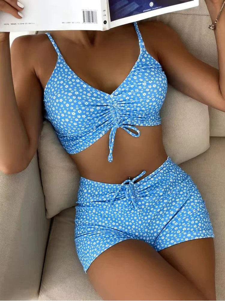 Rafa Damen Bikini Set | Blumenmuster, Hochbundhose, Bikini Mit Hohem Beinausschnitt- S-6XL