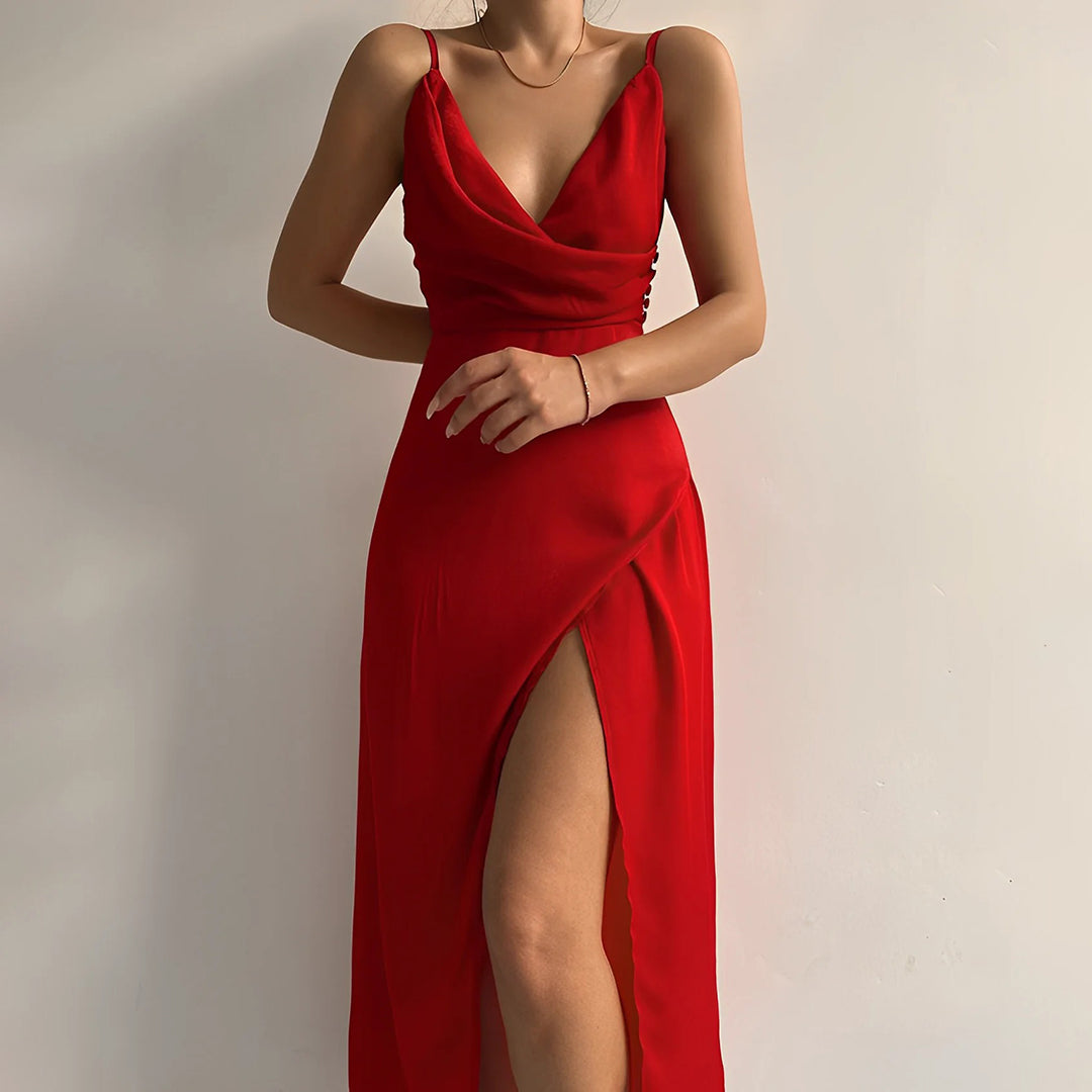 Monika Schwarz Spaghetti-Träger Cowl-Neck Maxikleid für Damen | Figurbetonend Elegant | Seitenschlitz - S-XL