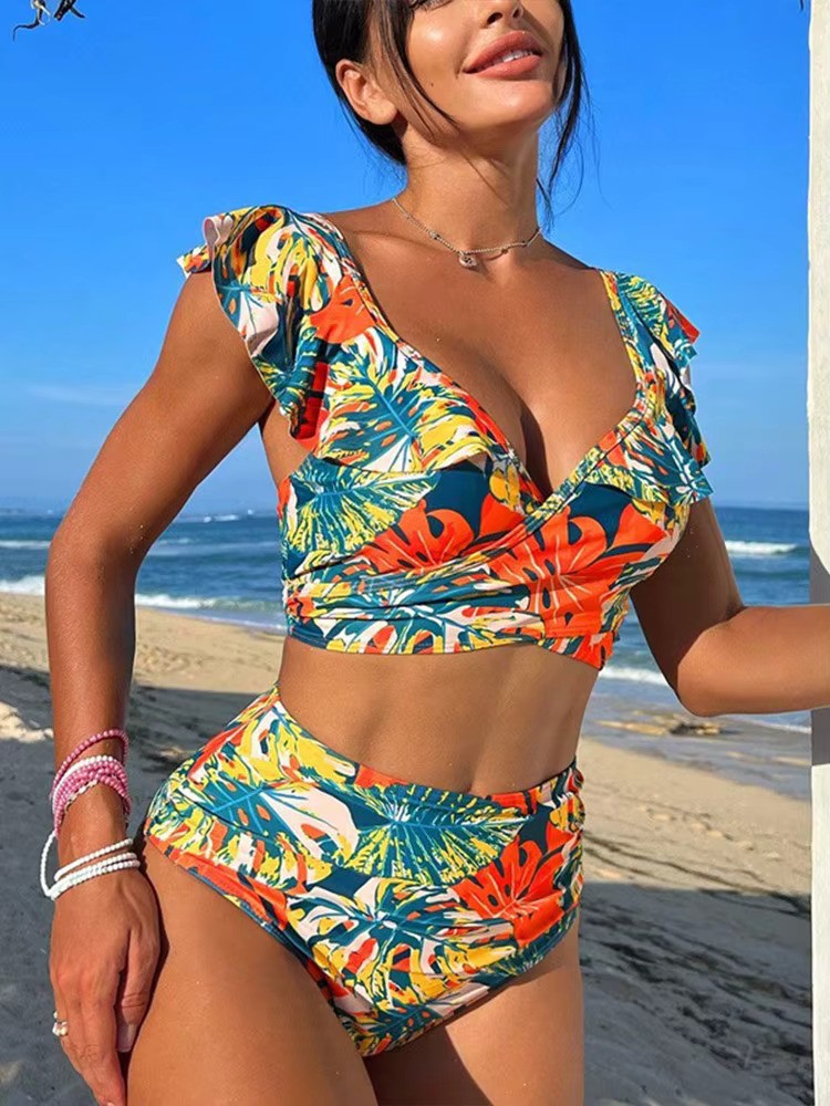 Rina Damen Bikini Set | Rüschenärmel, Wickeloberteil mit Tropischem Muster- S-XL