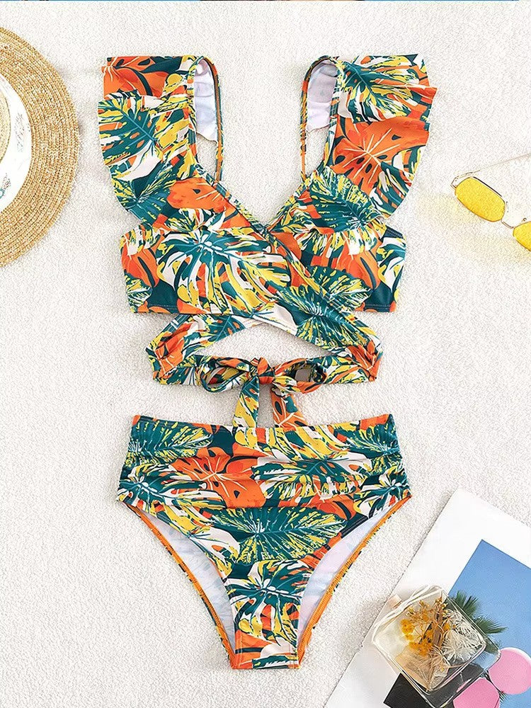 Rina Damen Bikini Set | Rüschenärmel, Wickeloberteil mit Tropischem Muster- S-XL