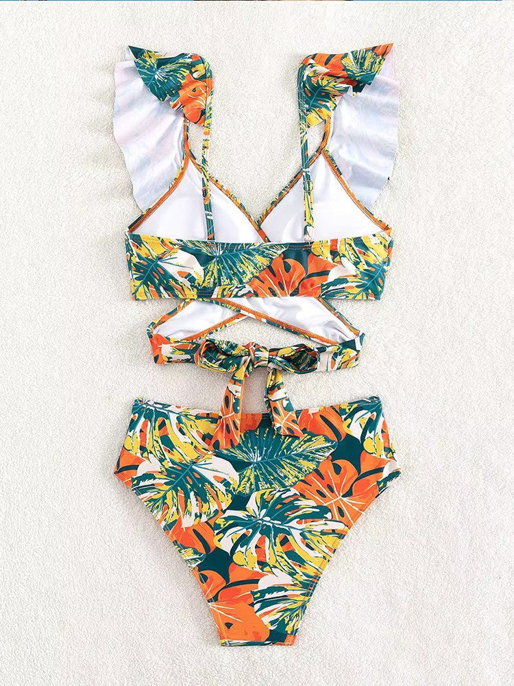 Rina Damen Bikini Set | Rüschenärmel, Wickeloberteil mit Tropischem Muster- S-XL