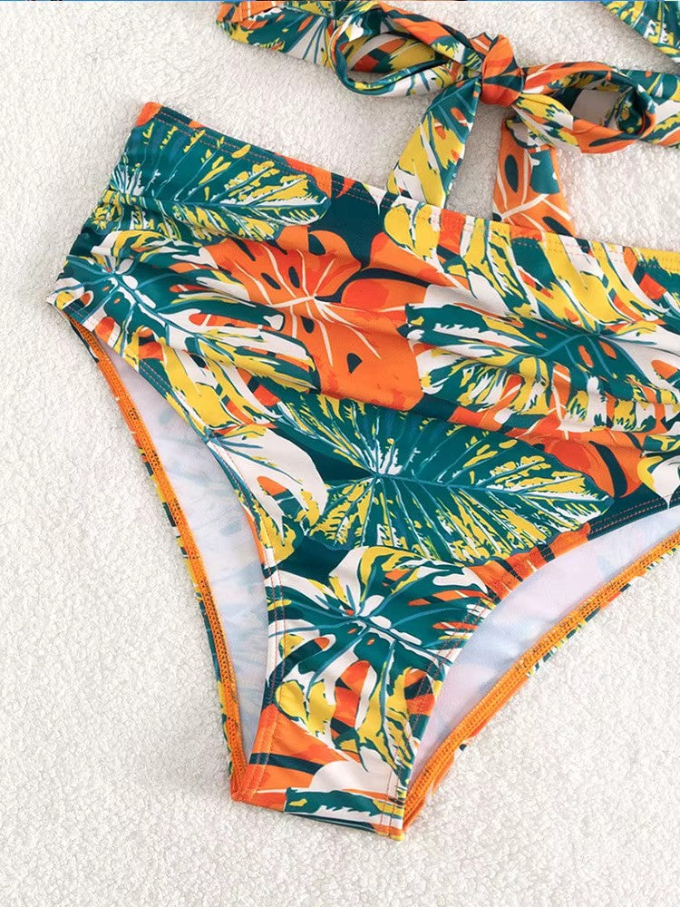 Rina Damen Bikini Set | Rüschenärmel, Wickeloberteil mit Tropischem Muster- S-XL