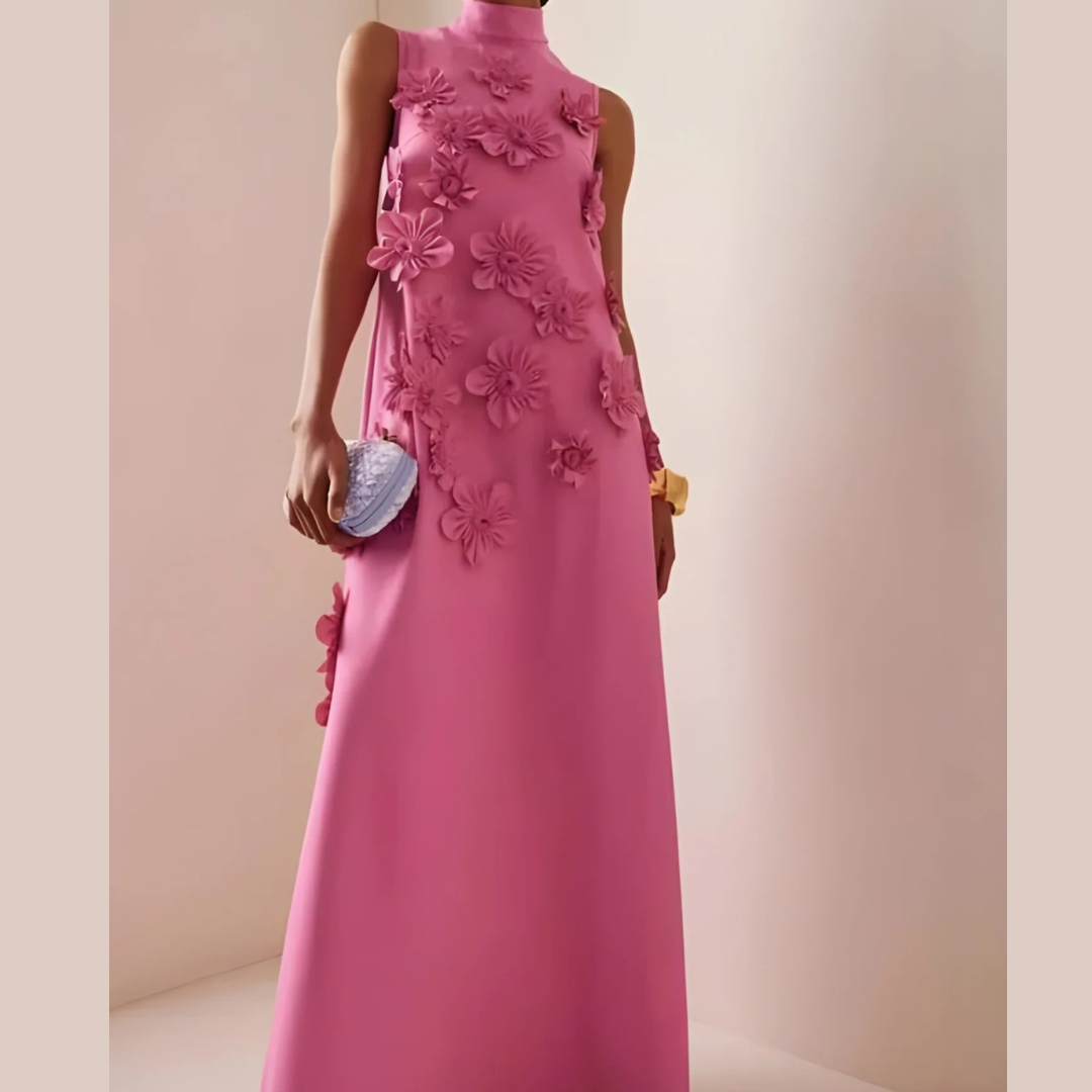Rosa Abendkleid für Damen | 3D-Blütenapplikationen, Maxi-Länge- S/M/L/XL