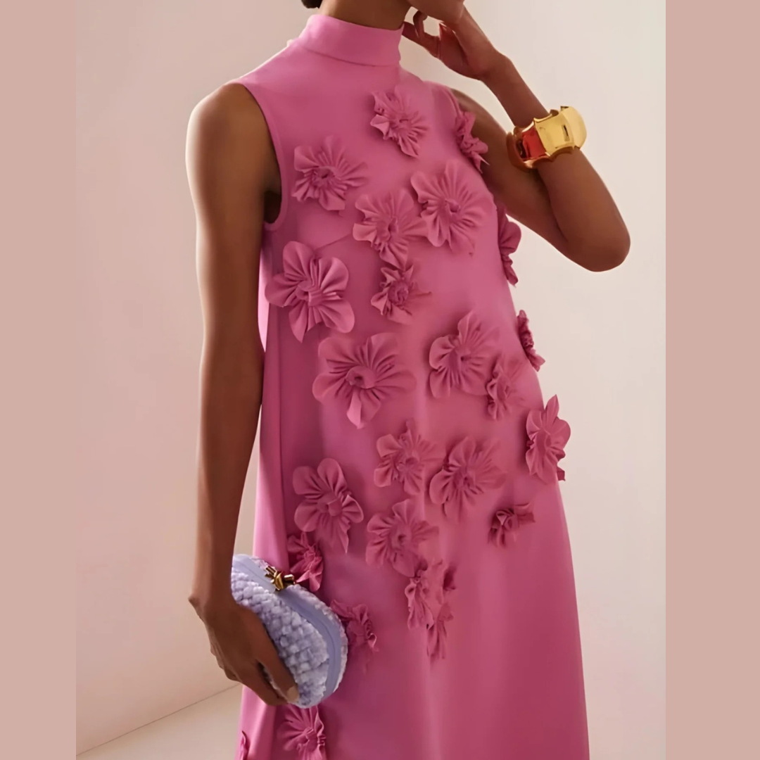 Rosa Abendkleid für Damen | 3D-Blütenapplikationen, Maxi-Länge- S/M/L/XL