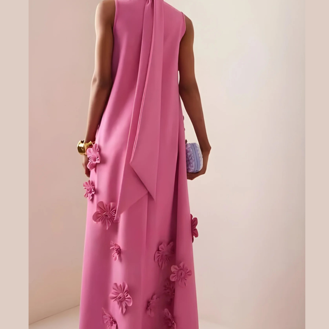 Rosa Abendkleid für Damen | 3D-Blütenapplikationen, Maxi-Länge- S/M/L/XL