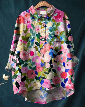 Rosa Damen Hemdbluse | Aquarell Blumenmuster, Oversized- M-4XL
