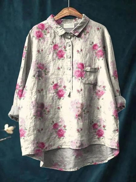 Rosa Damen Hemdbluse | Aquarell Blumenmuster, Oversized- M-4XL