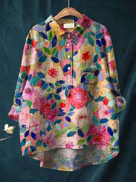 Rosa Damen Hemdbluse | Aquarell Blumenmuster, Oversized- M-4XL