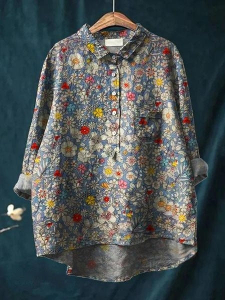 Rosa Damen Hemdbluse | Aquarell Blumenmuster, Oversized- M-4XL