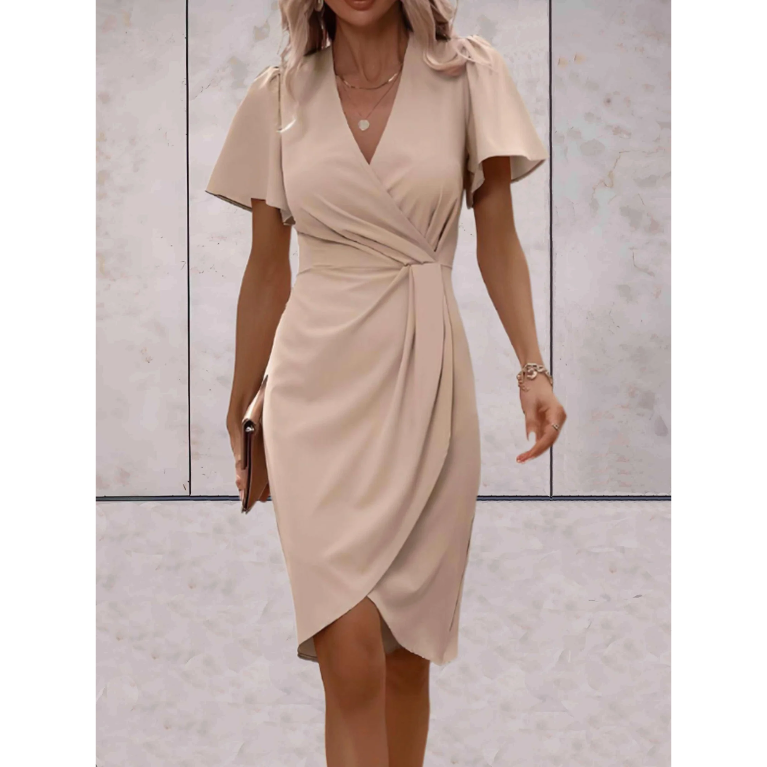 Rosa Damen Wickelkleid | V-Ausschnitt mit Flatterärmeln- S/M/L/XL
