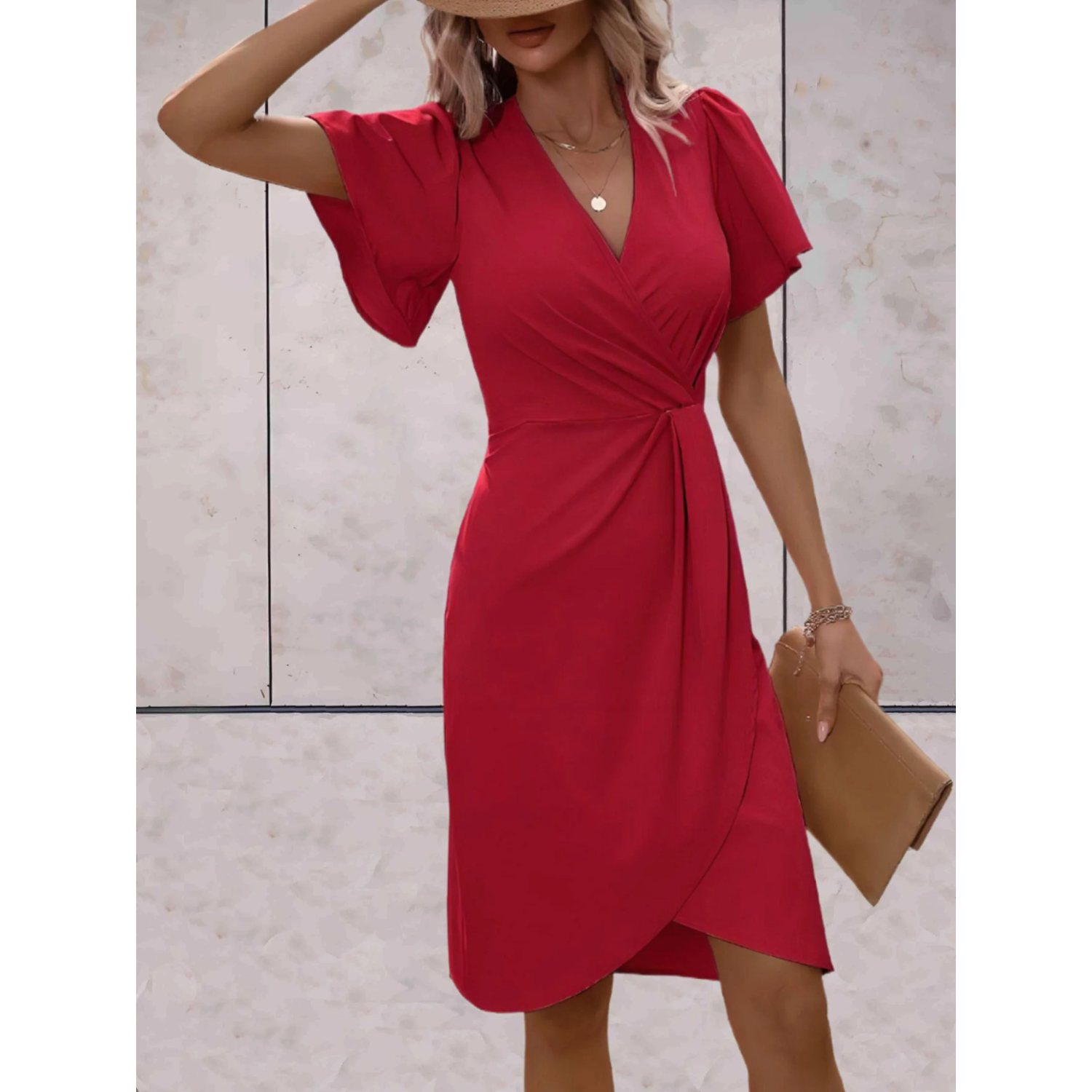 Rosa Damen Wickelkleid | V-Ausschnitt mit Flatterärmeln- S/M/L/XL