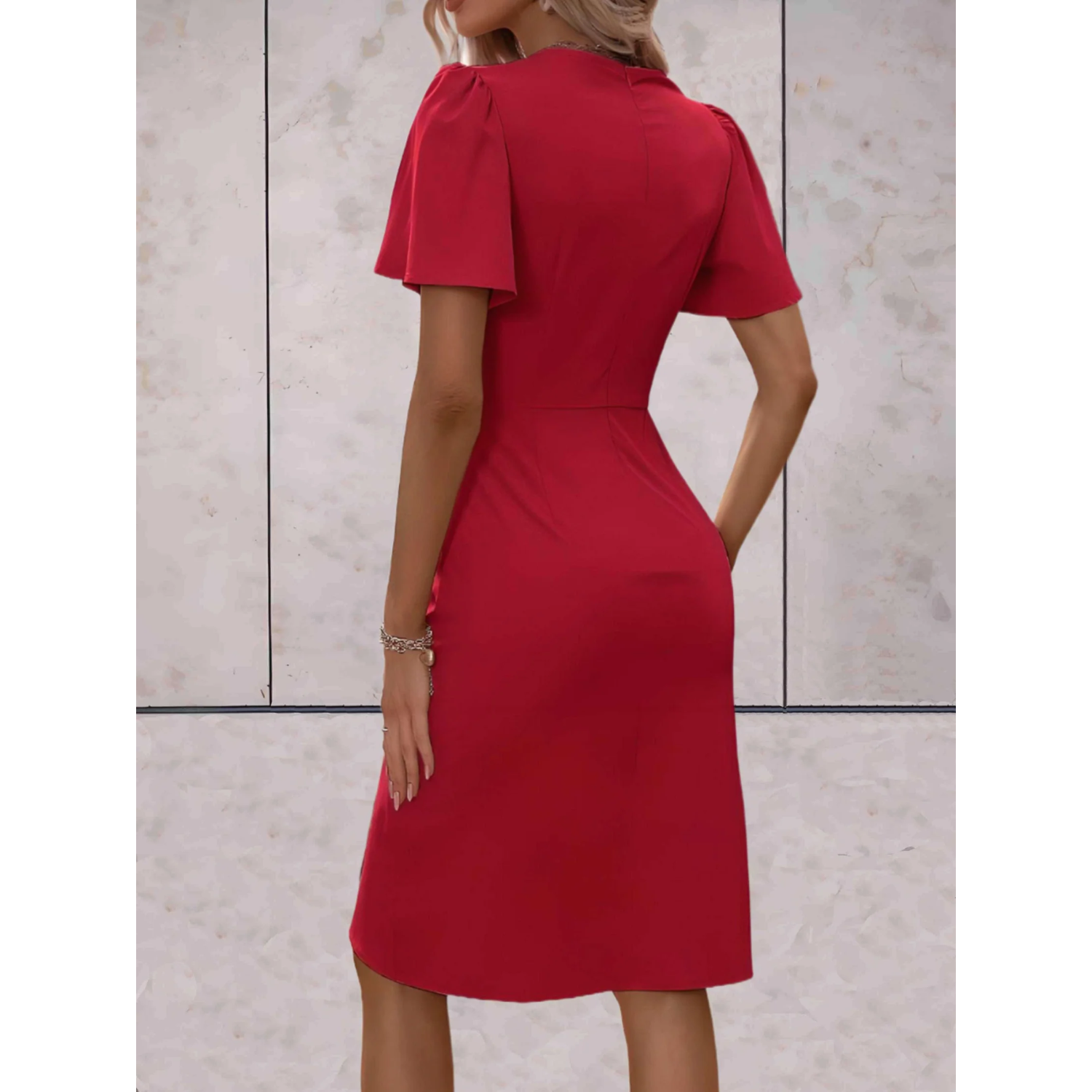 Rosa Damen Wickelkleid | V-Ausschnitt mit Flatterärmeln- S/M/L/XL