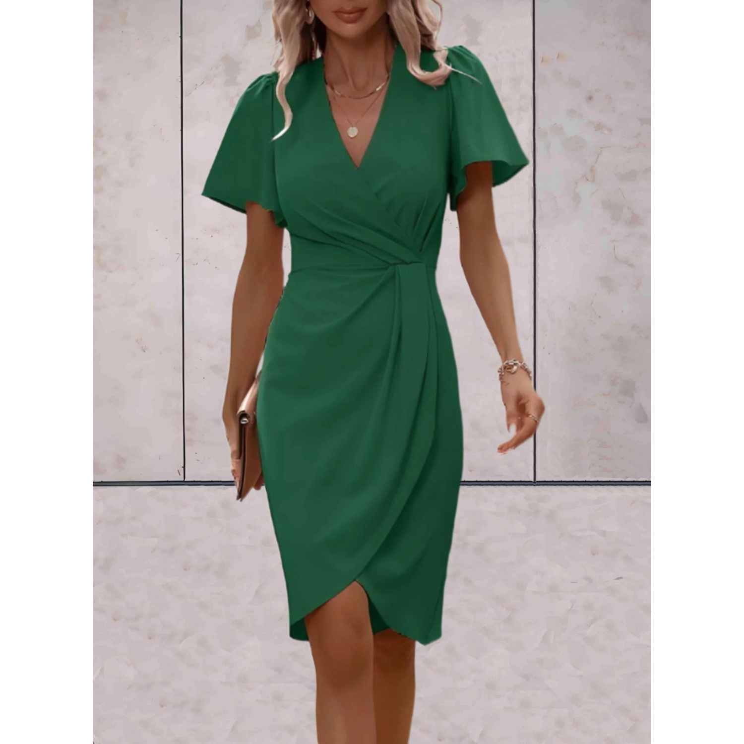 Rosa Damen Wickelkleid | V-Ausschnitt mit Flatterärmeln- S/M/L/XL