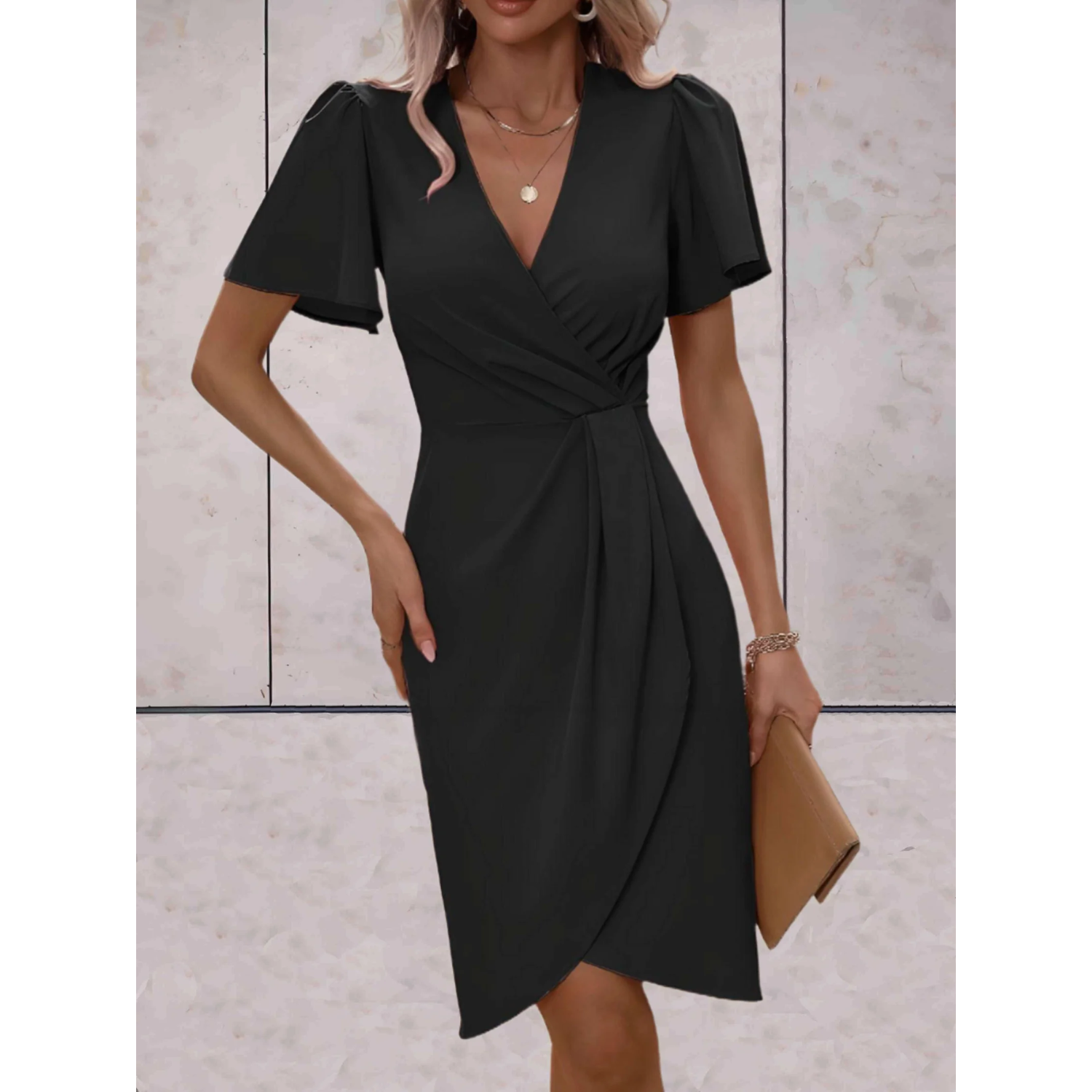 Rosa Damen Wickelkleid | V-Ausschnitt mit Flatterärmeln- S/M/L/XL