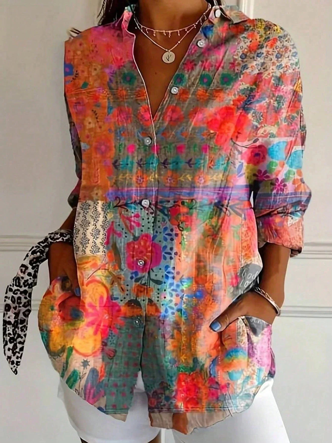 Vreni Pink Bedruckt Geblümt Button-Down Bluse für Damen | Luftige Relaxed Passform | Alltag und Freizeit | Inkl. Seitentaschen - S-5XL