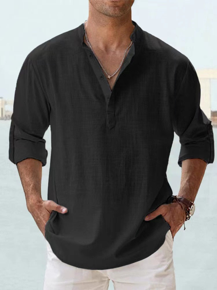 Josef Helles Blau Leinen Henley Hemd für Herren | Atmungsaktiv Entspannte Passform - XS-4XL