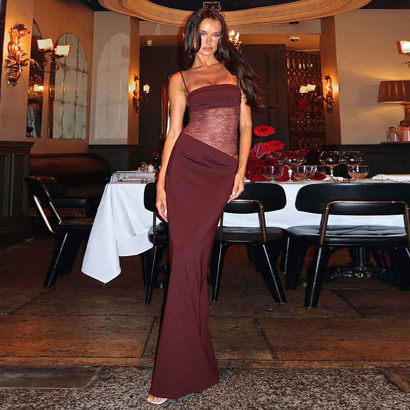 Sina Damen Maxikleid | Transparente Spitze, Figurbetont, Sommer Kleid Lang
