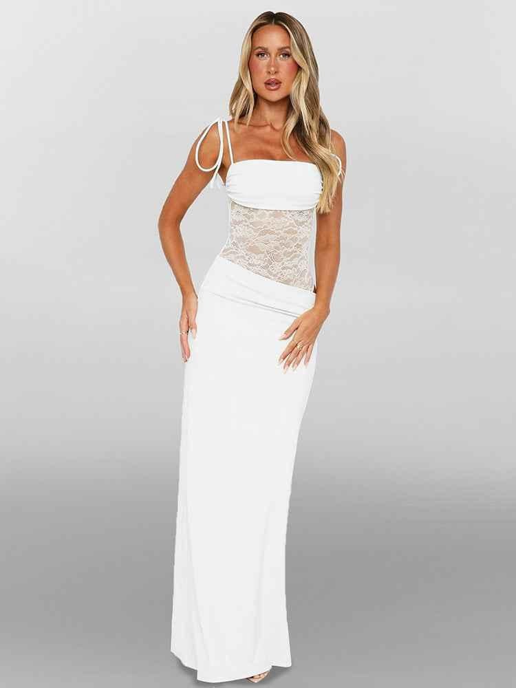 Sina Damen Maxikleid | Transparente Spitze, Figurbetont, Sommer Kleid Lang