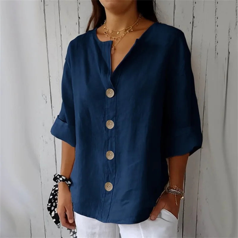 Margrit Rot Baumwolle Leinen V-Ausschnitt Lockere Damen Bluse | Leicht Atmungsaktiv Laessig Sommer Buero Freizeit Oberteil | Vielseitig - S-5XL