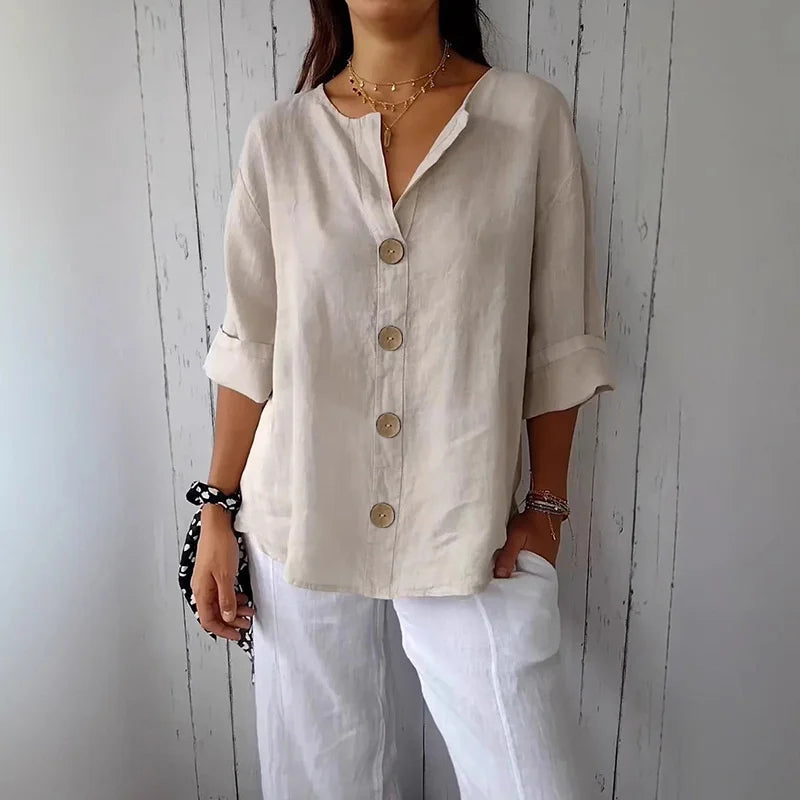 Margrit Rot Baumwolle Leinen V-Ausschnitt Lockere Damen Bluse | Leicht Atmungsaktiv Laessig Sommer Buero Freizeit Oberteil | Vielseitig - S-5XL