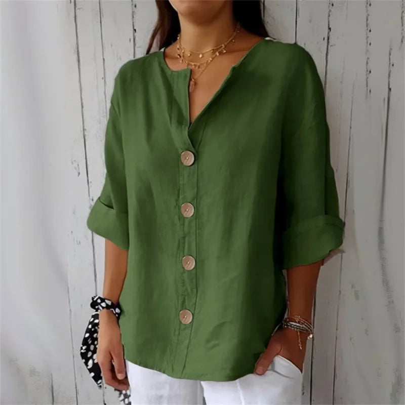 Margrit Rot Baumwolle Leinen V-Ausschnitt Lockere Damen Bluse | Leicht Atmungsaktiv Laessig Sommer Buero Freizeit Oberteil | Vielseitig - S-5XL