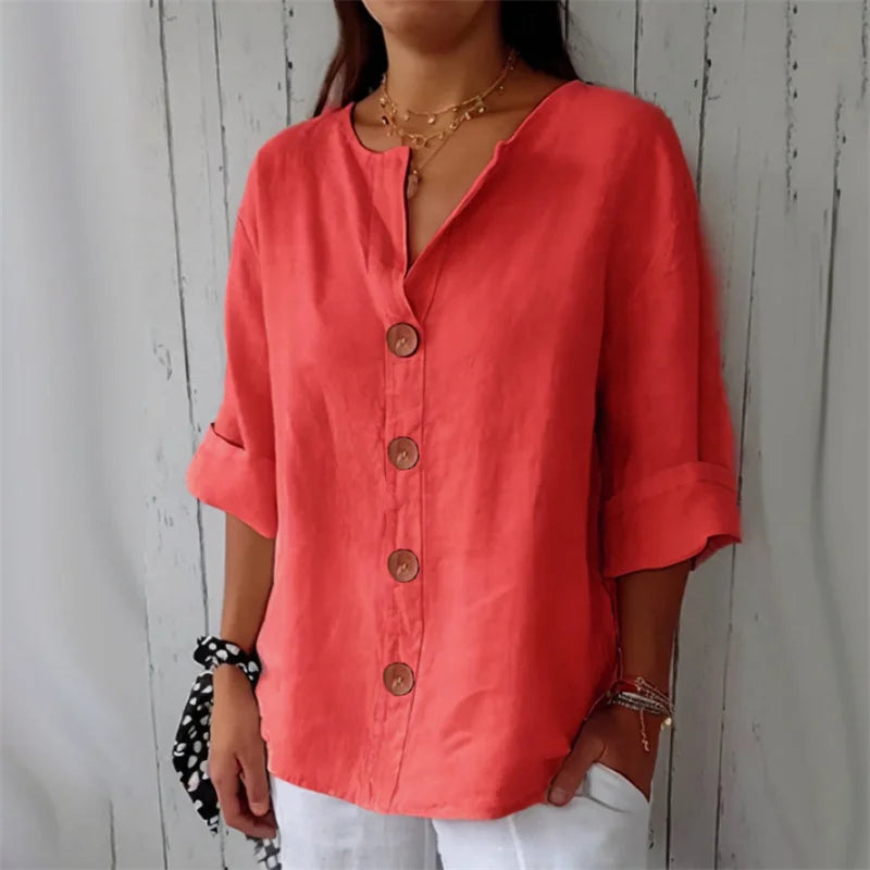 Margrit Rot Baumwolle Leinen V-Ausschnitt Lockere Damen Bluse | Leicht Atmungsaktiv Laessig Sommer Buero Freizeit Oberteil | Vielseitig - S-5XL