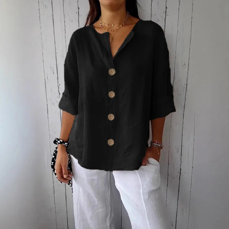 Margrit Rot Baumwolle Leinen V-Ausschnitt Lockere Damen Bluse | Leicht Atmungsaktiv Laessig Sommer Buero Freizeit Oberteil | Vielseitig - S-5XL