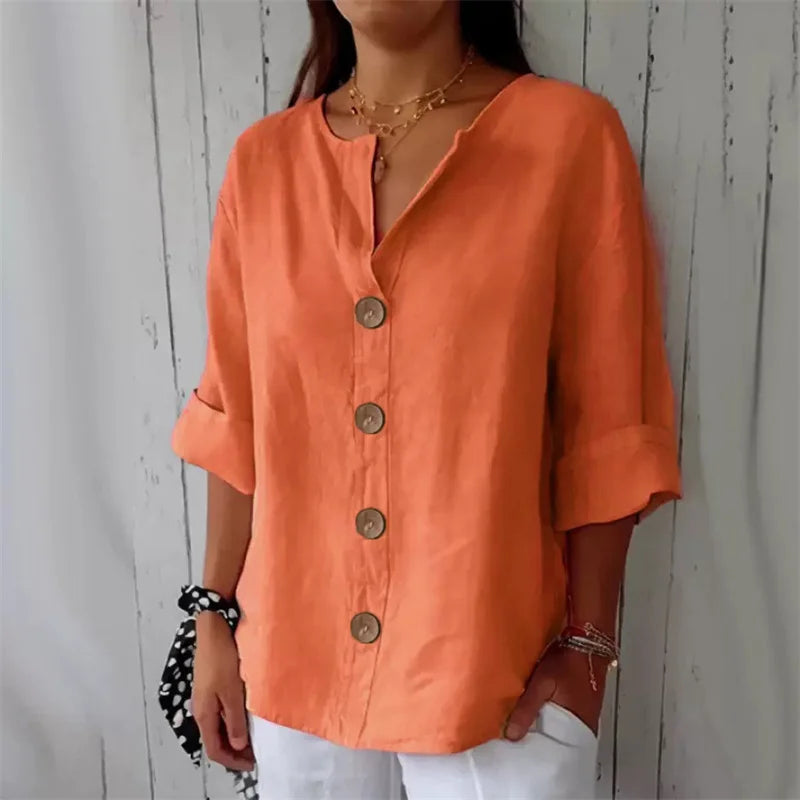 Margrit Rot Baumwolle Leinen V-Ausschnitt Lockere Damen Bluse | Leicht Atmungsaktiv Laessig Sommer Buero Freizeit Oberteil | Vielseitig - S-5XL