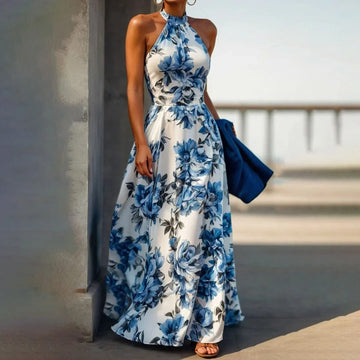 Vreni Gruen Blumen Aermellos Hohe Taille Slim Fit Damen Maxikleid | Elegant Fliessend Sommer Strand Urlaubskleid | Schmeichelnd - S-3XL