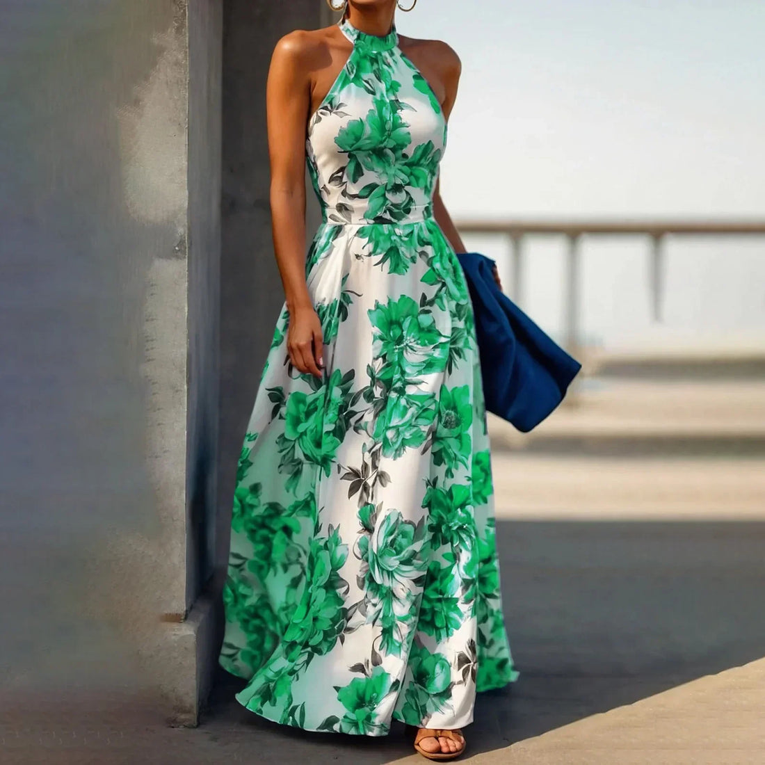 Vreni Gruen Blumen Aermellos Hohe Taille Slim Fit Damen Maxikleid | Elegant Fliessend Sommer Strand Urlaubskleid | Schmeichelnd - S-3XL