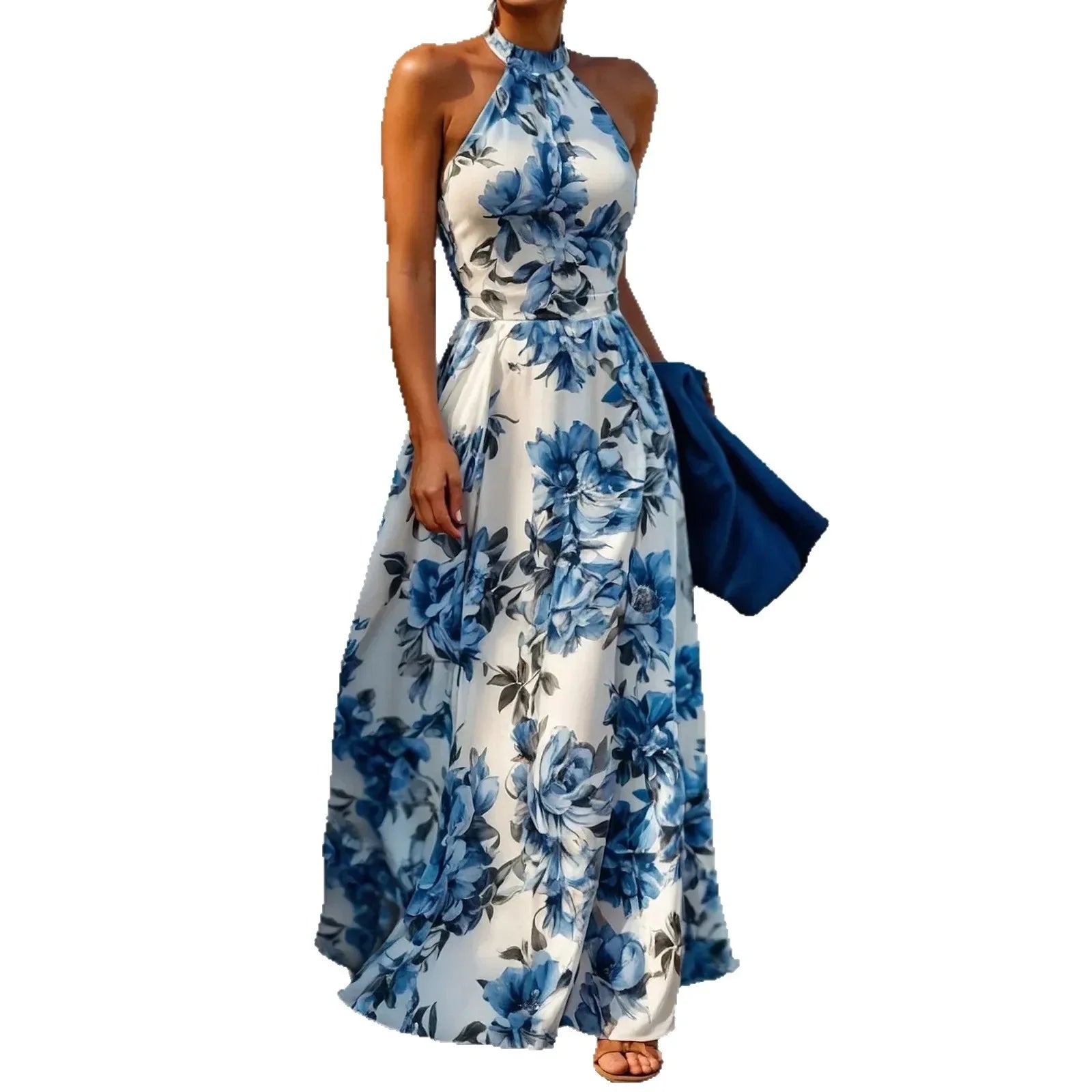 Vreni Gruen Blumen Aermellos Hohe Taille Slim Fit Damen Maxikleid | Elegant Fliessend Sommer Strand Urlaubskleid | Schmeichelnd - S-3XL