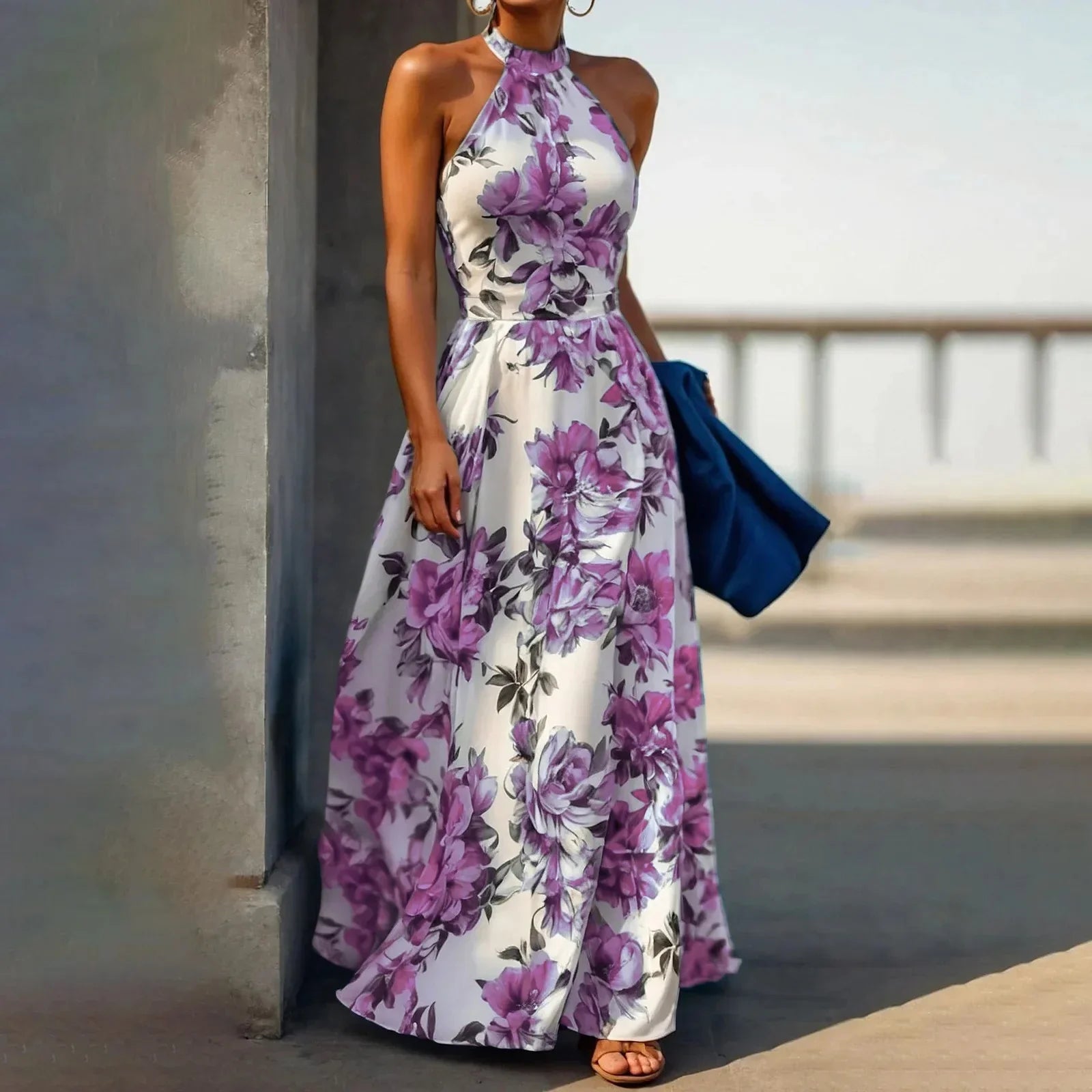 Vreni Gruen Blumen Aermellos Hohe Taille Slim Fit Damen Maxikleid | Elegant Fliessend Sommer Strand Urlaubskleid | Schmeichelnd - S-3XL